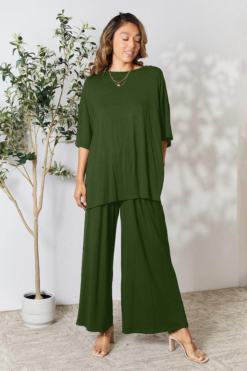 Double Take Full Size Round Neck Slit Top and Pants Set - Selvanelle