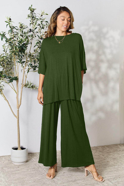 Double Take Full Size Round Neck Slit Top and Pants Set - Selvanelle