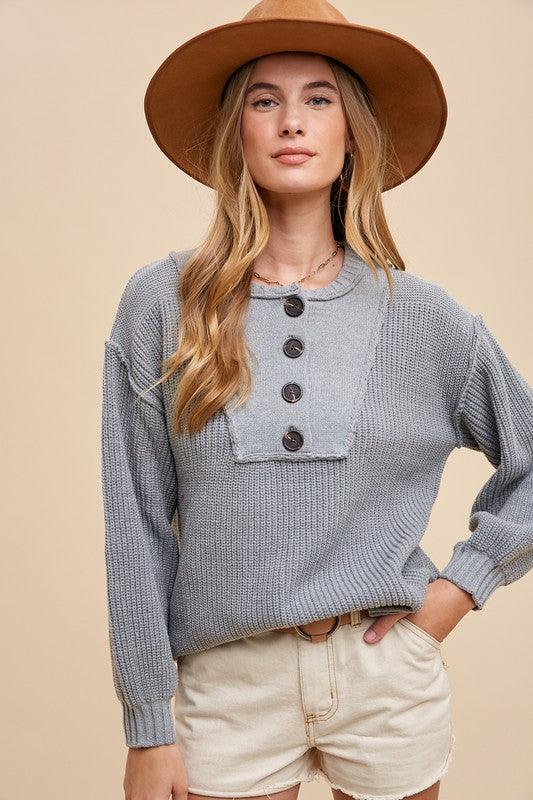 Annie Wear Half Button Ribbed Hem Sweater for Women