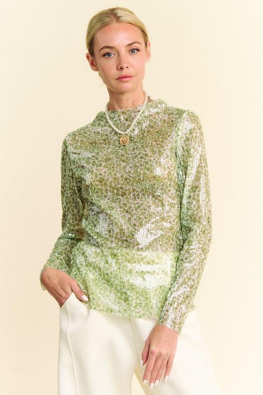 Davi & Dani Sequin Mock Neck Long Sleeve Mesh Top Glam