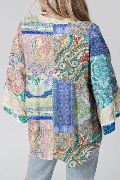 Lace Detail Patchwork Notched Three-Quarter Sleeve Blouse - Selvanelle