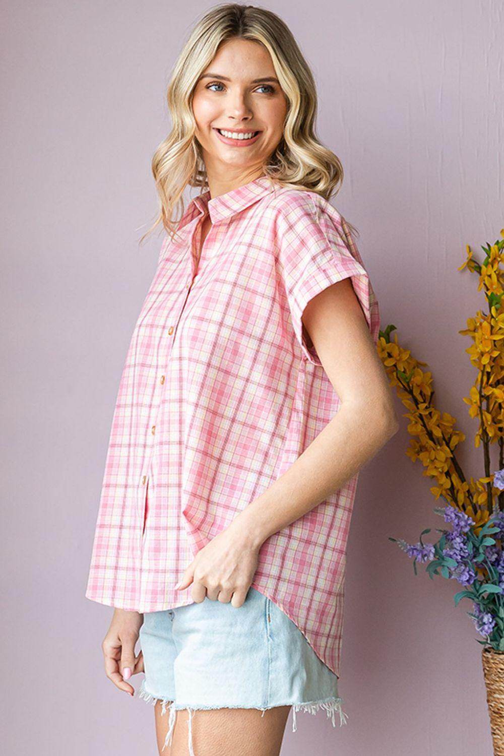 Cotton Bleu by Nu Lab Plaid Collared Neck Short Sleeve Shirt - Selvanelle