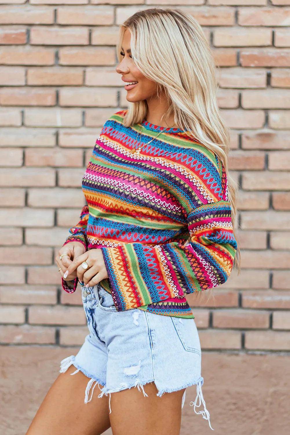 Contrast Round Neck Long Sleeve Top for Women Fashion - Selvanelle