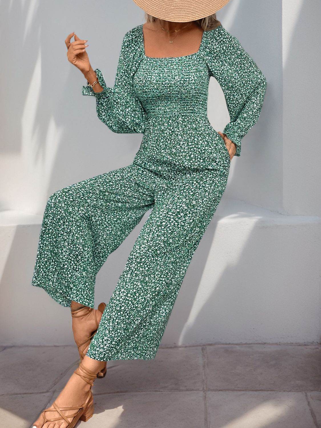Perfee Smocked Printed Long Sleeve Wide Leg Jumpsuit - Selvanelle