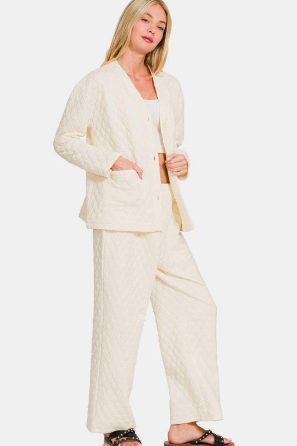 Zenana Quilted Button Up Long Sleeve Top and Pants Set