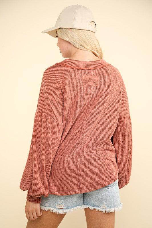 Very J Two Tone Ribbed V-Neck Exposed Seam Top for Fall - Selvanelle
