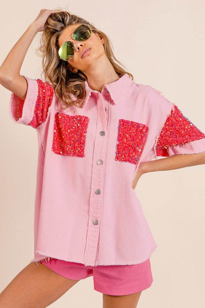 BiBi Sequin Detail Raw Hem Short Sleeve Shirt Glamorous - Selvanelle