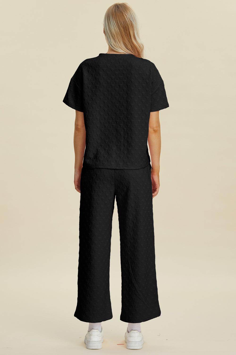 Double Take Full Size Texture Round Neck Top and Pants Set - Selvanelle