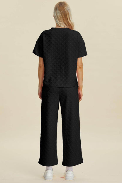 Double Take Full Size Texture Round Neck Top and Pants Set - Selvanelle