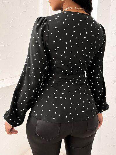 Heart Print Surplice Balloon Sleeve Blouse for Women - Selvanelle
