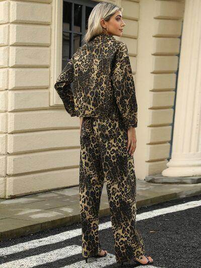 Pocketed Leopard Long Sleeve Denim Jacket for Women - Selvanelle