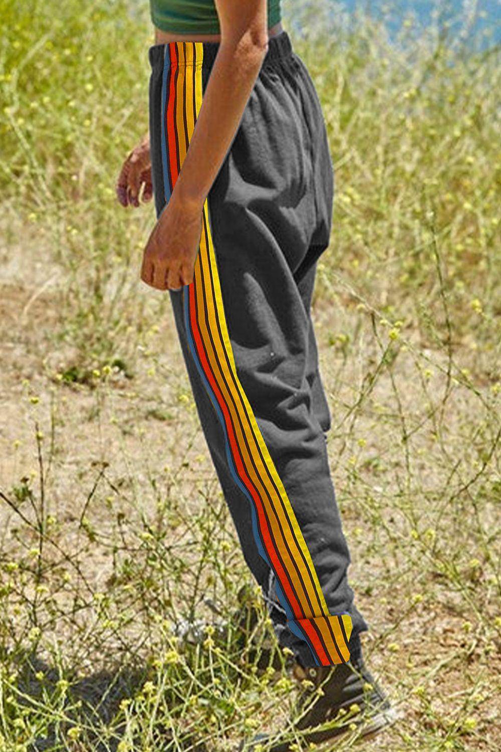 Contrast Striped Elastic Waist Active Pants for Women - Selvanelle