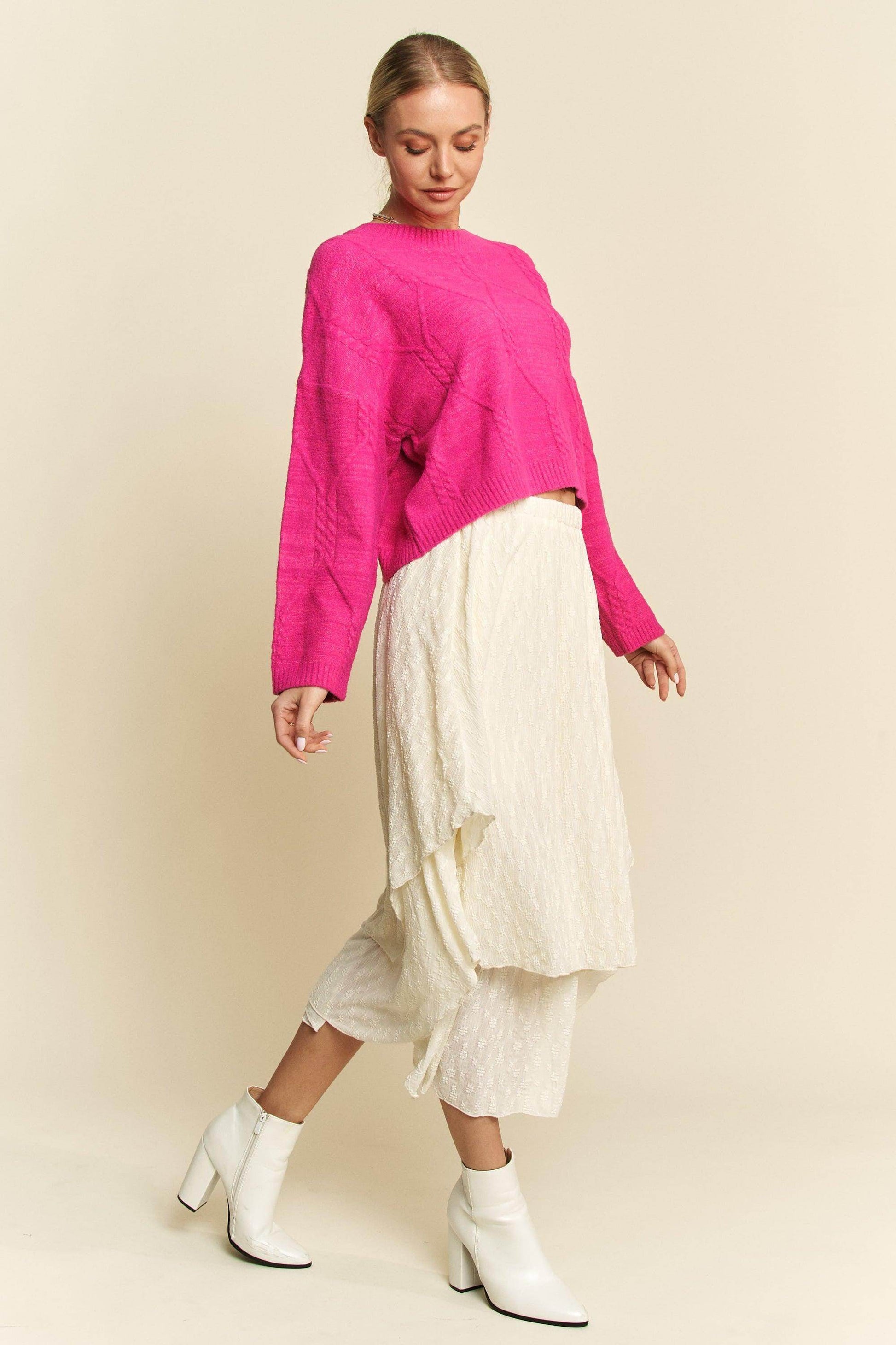 Davi & Dani Diamond Cable Pattern Drop Shoulder Sweater - Selvanelle