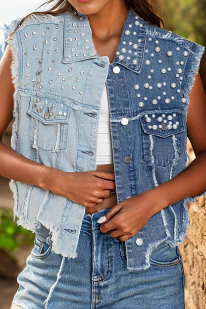 Pearl Raw Hem Sleeveless Denim Jacket for Women Stylish - Selvanelle