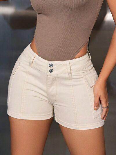 Mid-Rise Waist Denim Shorts with Pockets for Women - Selvanelle