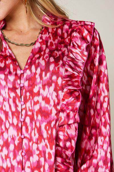 Double Take Full Size Printed Ruffle Trim Balloon Sleeve Shirt - Selvanelle