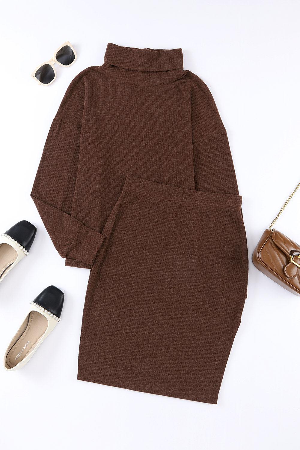 Mock Neck Long Sleeve Top and Slit Skirt Set for Women