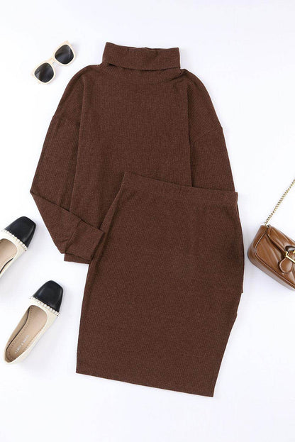 Mock Neck Long Sleeve Top and Slit Skirt Set for Women - Selvanelle