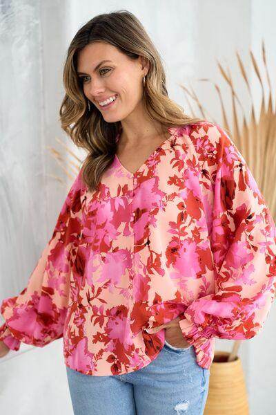 Hailey & Co Ruffle V-Neck Decor Button Floral Blouse - Selvanelle