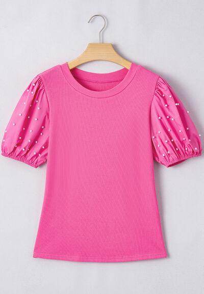Pearl Detail Round Neck Puff Sleeve Blouse for Women - Selvanelle