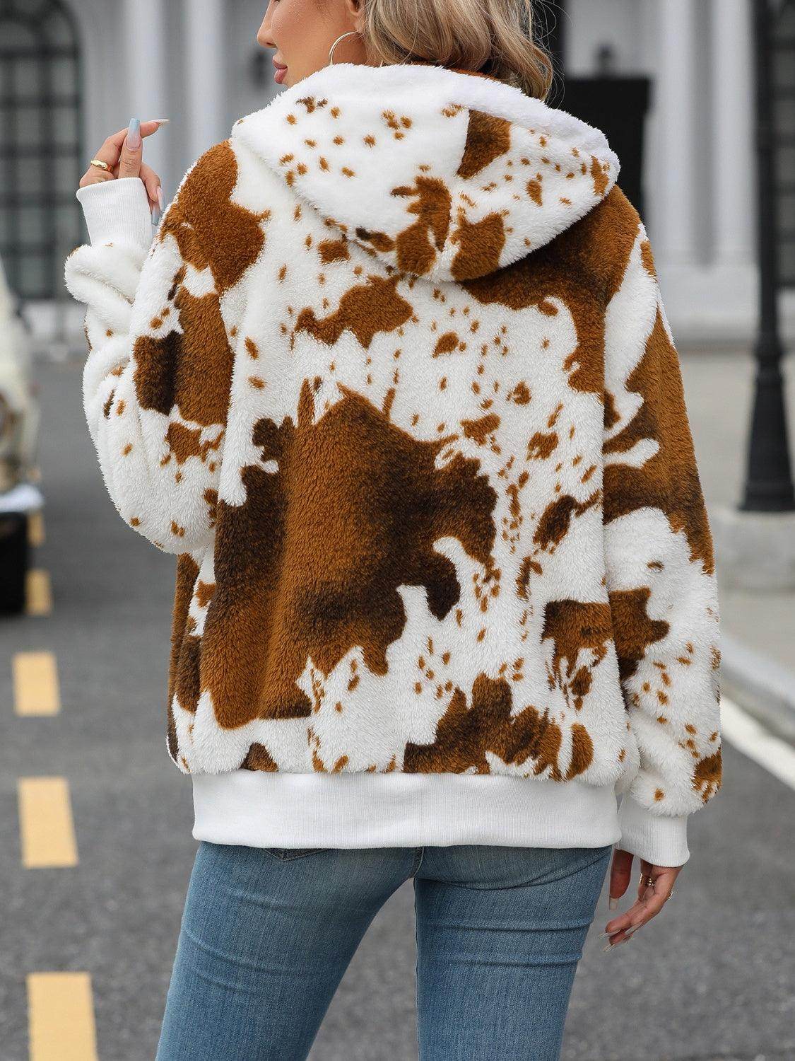 Fuzzy Drawstring Zip Up Hooded Jacket for Cozy Style - Selvanelle