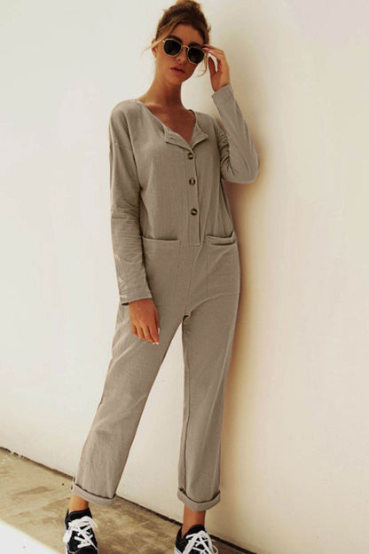 Buttoned Drop Shoulder Pocket Jumpsuit - Selvanelle