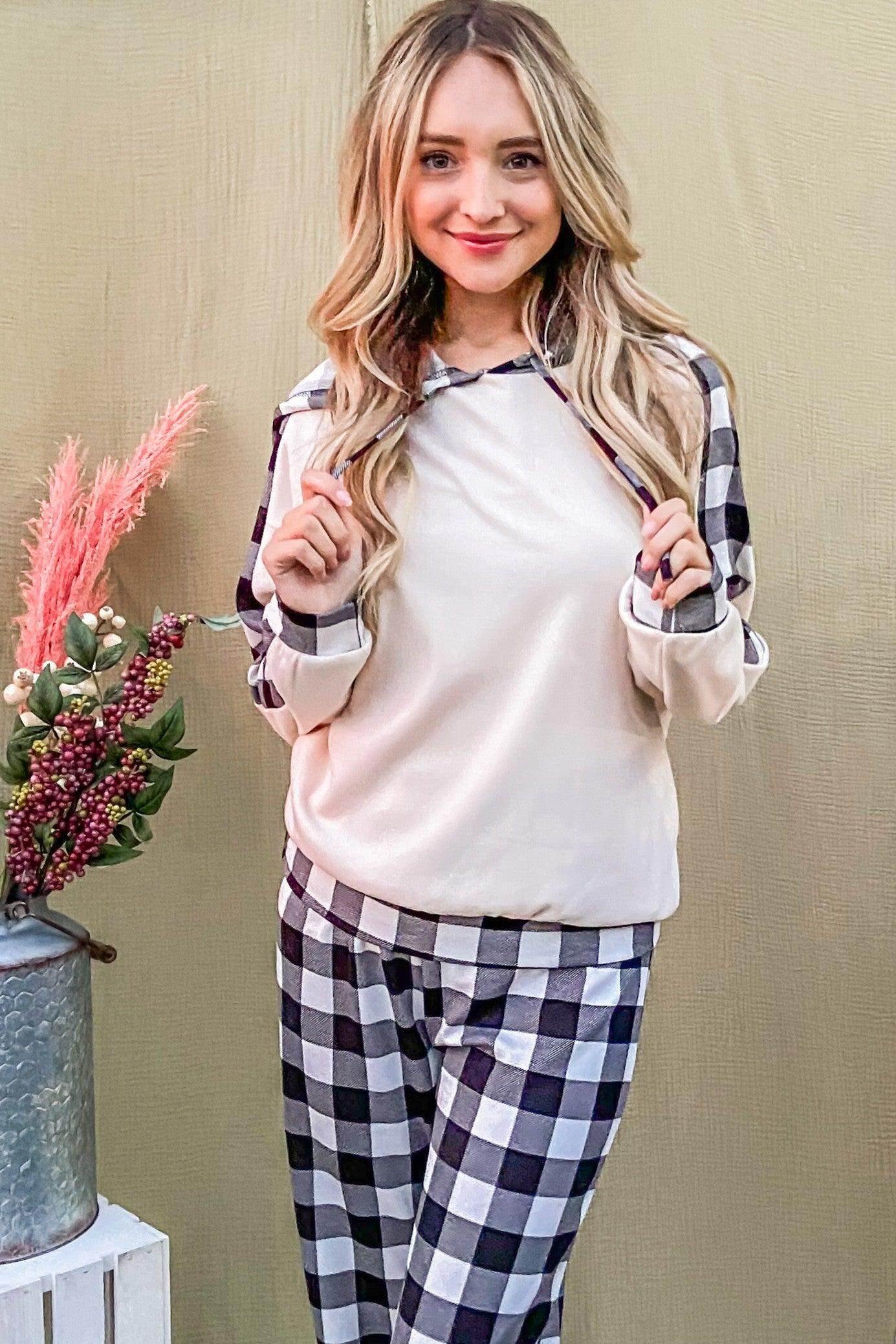 And The Why Drawstring Hooded Top and Plaid Pants Set - Selvanelle