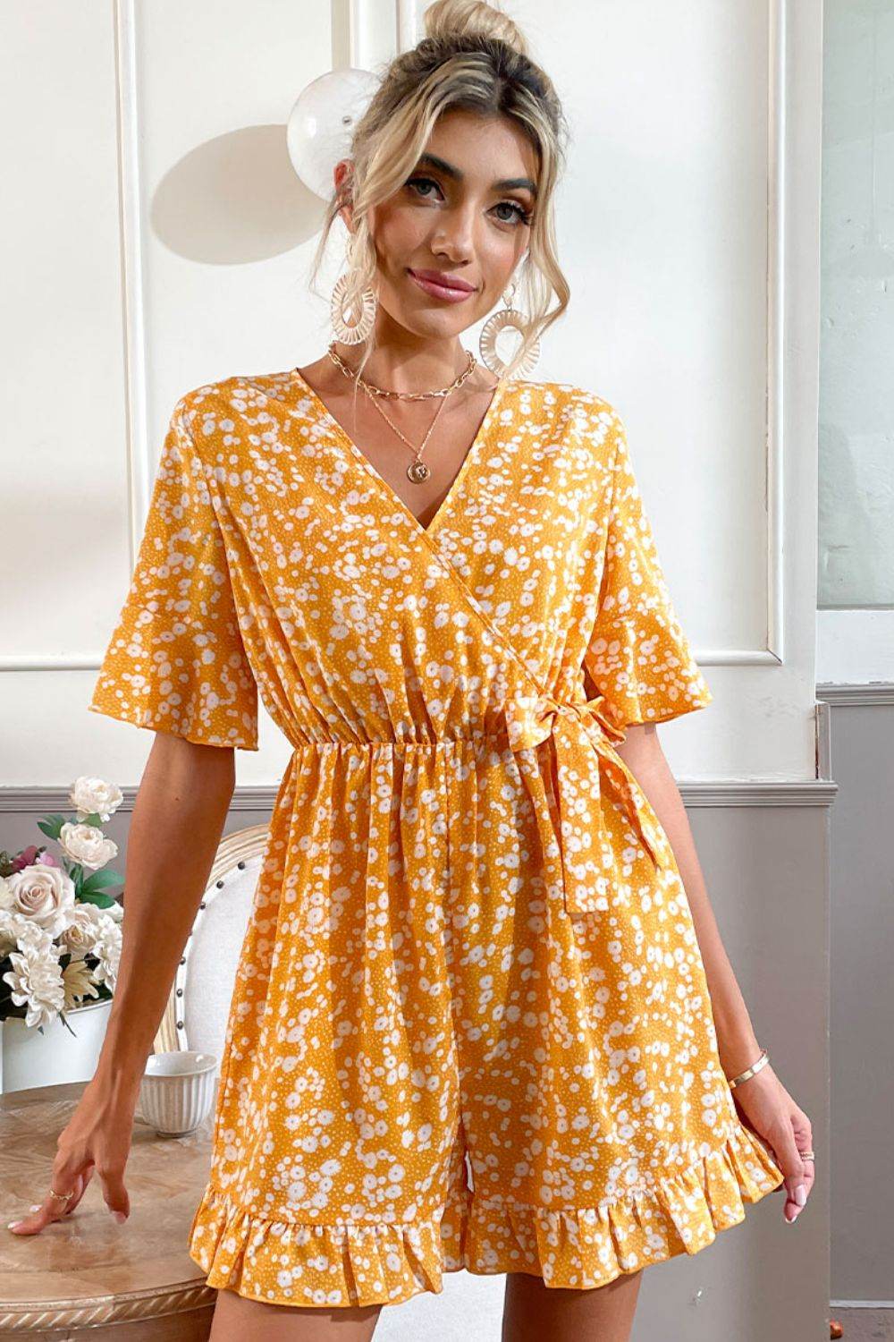 Shiny Printed Surplice Neck Ruffled Romper - Selvanelle