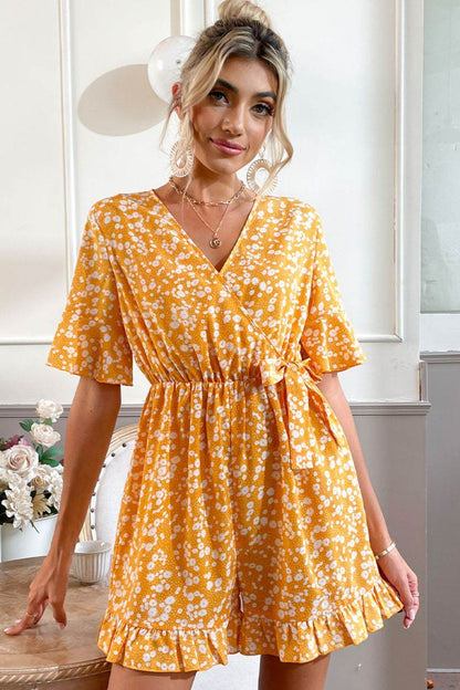Shiny Printed Surplice Neck Ruffled Romper - Selvanelle