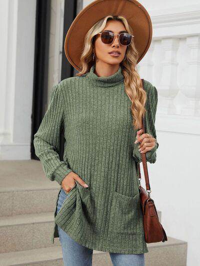 Slit Mock Neck Long Sleeve T-Shirt for Women with Pocket - Selvanelle