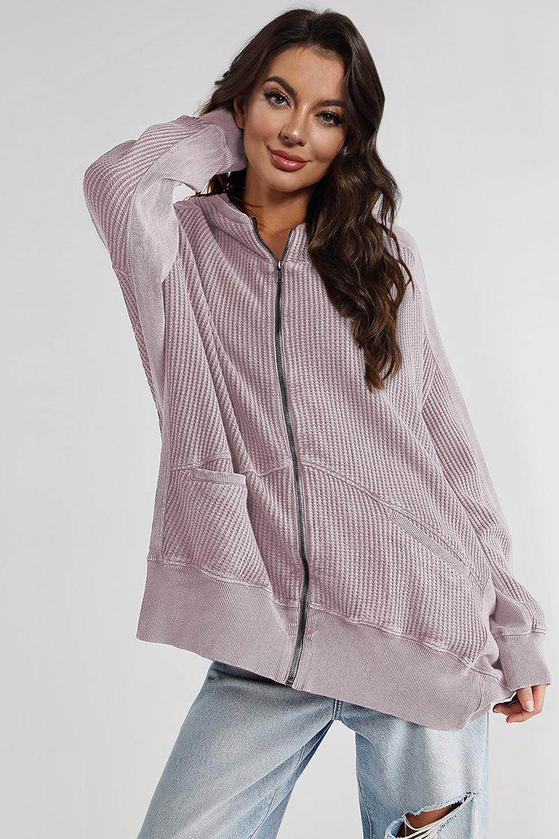 Zip-Up Long Sleeve Jacket with Hood and Pockets for Comfort - Selvanelle