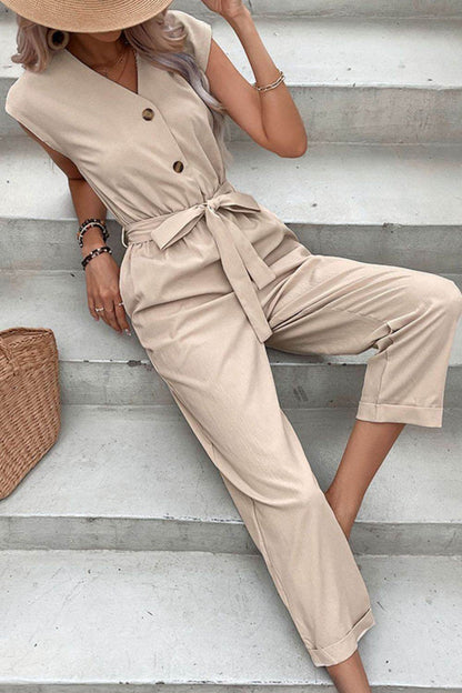 Perfee Capped Sleeve Belted V-Neck Jumpsuit - Selvanelle