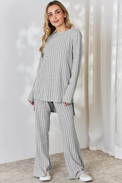 Basic Bae Full Size Ribbed High-Low Top and Wide Leg Pants Set - Selvanelle