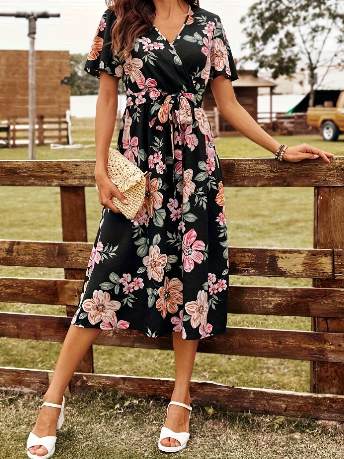 Tied Floral Surplice Short Sleeve Dress - Selvanelle