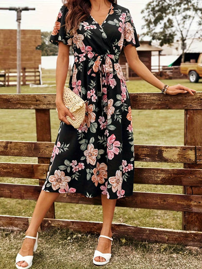 Tied Floral Surplice Short Sleeve Dress - Selvanelle