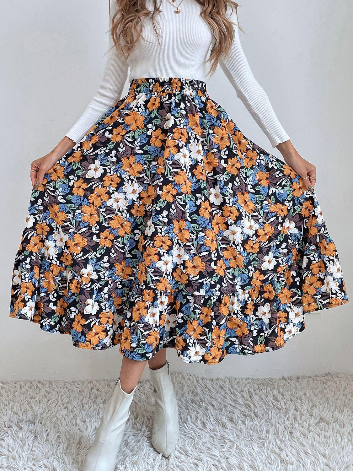 Stylish Printed Elastic Waist Midi Skirt for Everyday Wear