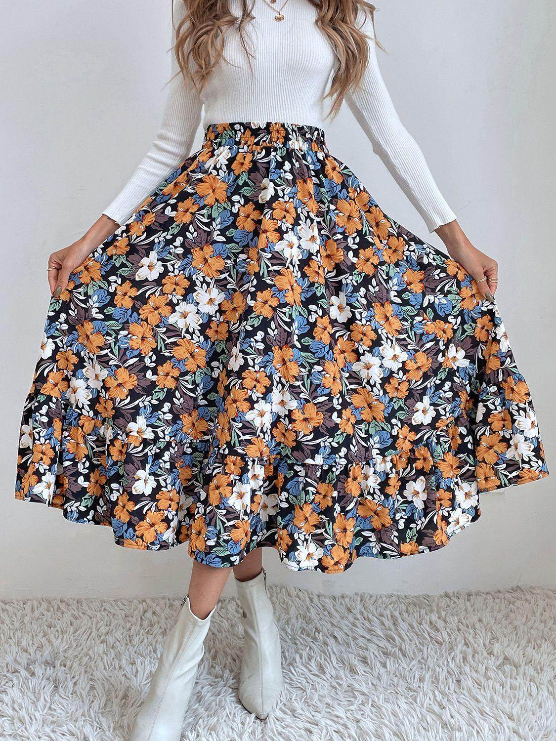 Stylish Printed Elastic Waist Midi Skirt for Everyday Wear - Selvanelle