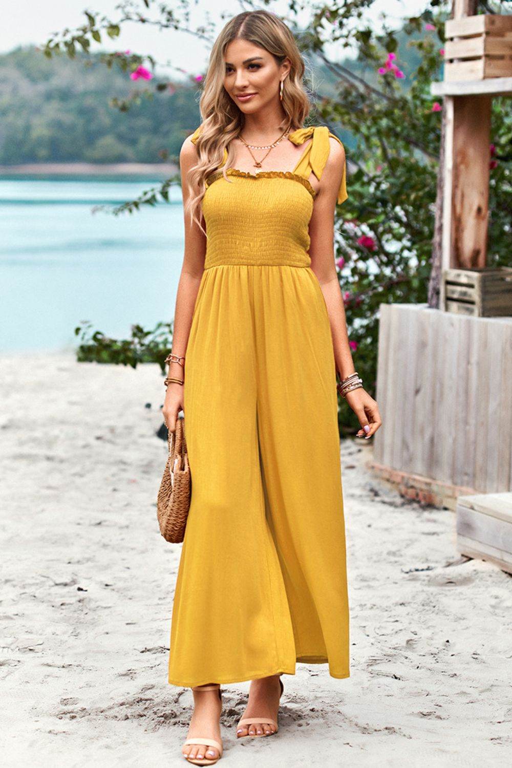 Devine Frill Trim Tie Shoulder Wide Leg Jumpsuit with Pockets - Selvanelle