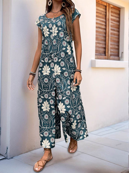 Perfee Printed Round Neck Cap Sleeve Wide Leg Jumpsuit - Selvanelle