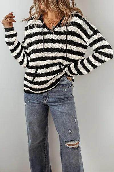 Drawstring Striped Long Sleeve Hooded Sweater for Women - Selvanelle