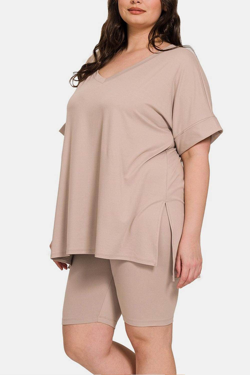 Zenana Full Size V-Neck Short Sleeve Slit T-Shirt Set - Selvanelle