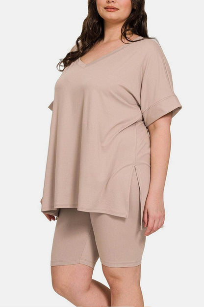 Zenana Full Size V-Neck Short Sleeve Slit T-Shirt Set - Selvanelle