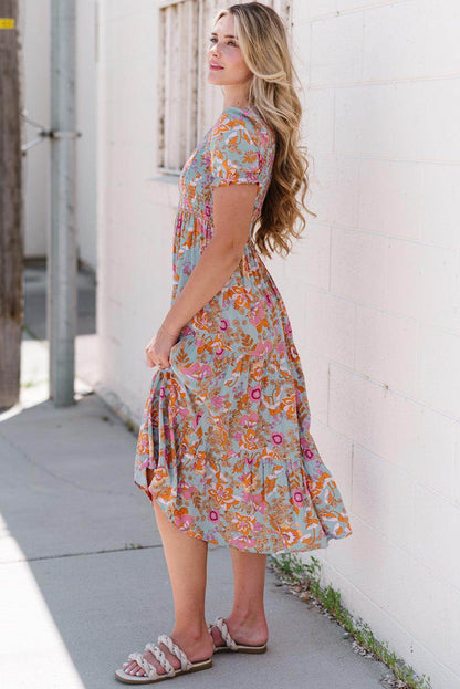 Floral Flounce Sleeve Round Neck Midi Dress for Women - Selvanelle