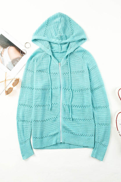 Zip-Up Raglan Sleeve Openwork Hooded Cardigan for Women - Selvanelle