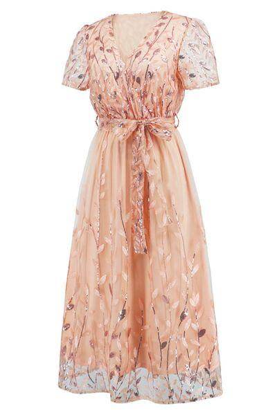 Sequin Leaf Embroidery Tie Front Short Sleeve Dress for Women - Selvanelle