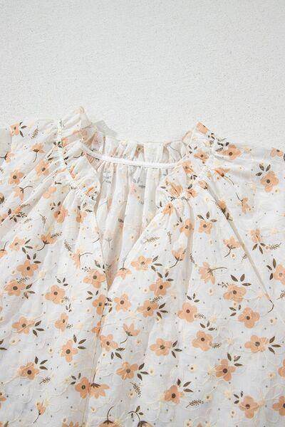 Frill Printed Notched Short Sleeve Blouse for Women - Selvanelle