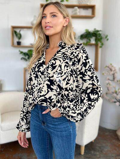 Double Take Full Size Printed Ruffle Trim Balloon Sleeve Shirt - Selvanelle