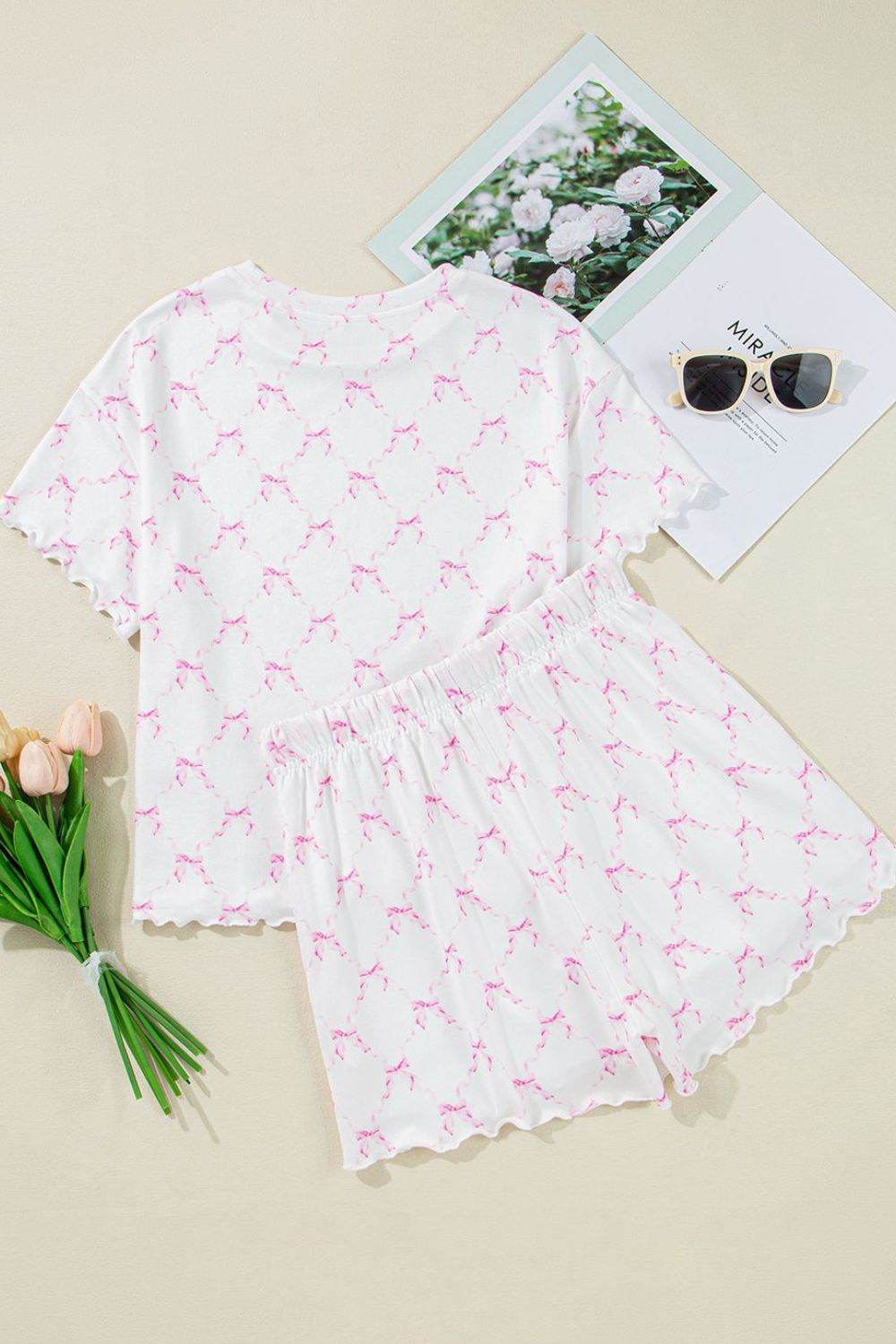 Bow Print Lettuce Trim Round Neck Top and Shorts Lounge Set - Selvanelle