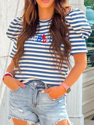 AMERICA Striped Round Neck Puff Sleeve Top for Women - Selvanelle