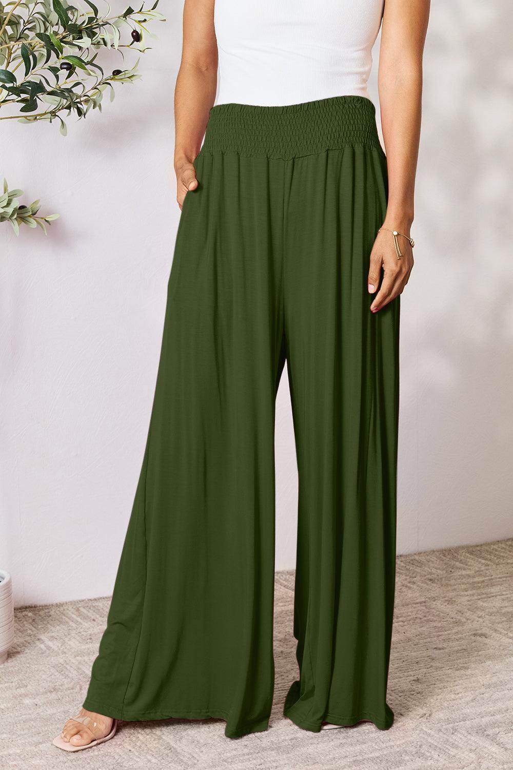 Double Take Full Size Smocked Wide Waistband Wide Leg Pants - Selvanelle